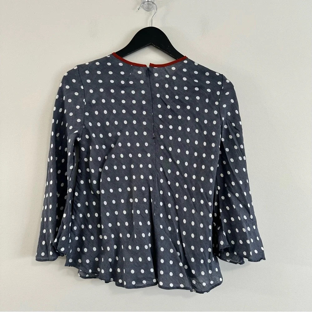 Smythe Bardot Blouse In Polka Dot Print Navy Blue Size XS - Picture 5 of 11
